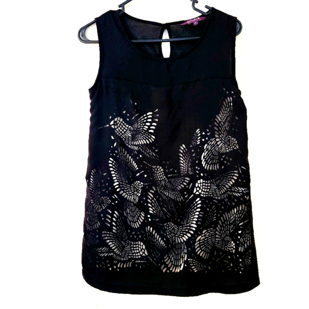Hummingbirds Laser Cut Black Sleeveless Tank Top Size XS Long Tall Sally